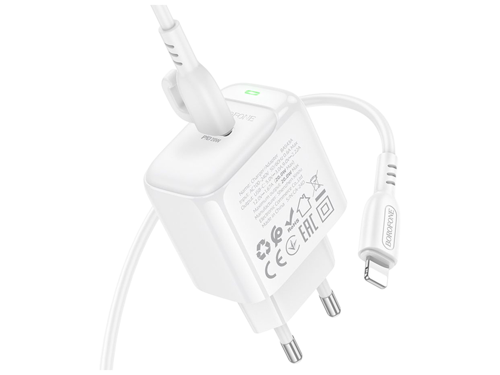 Зарядний пристрій Borofone BAS43A, 1USB-C, 20Вт, кабель Type-C–Lightning, колір білий