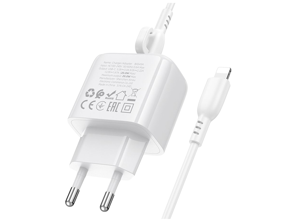 Зарядний пристрій Borofone BAS43A, 1USB-C, 20Вт, кабель Type-C–Lightning, колір білий