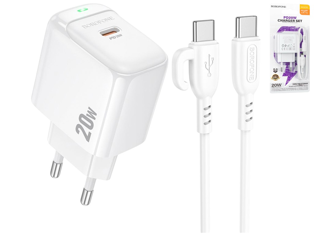 Зарядний пристрій Borofone BAS43A 1USB-C PD/QC 20W + кабель Type-C to Type-C, колір білий