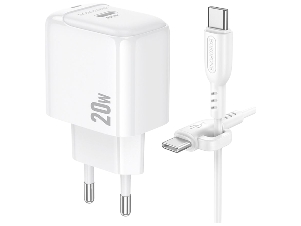 Зарядний пристрій Borofone BAS43A 1USB-C PD/QC 20W + кабель Type-C to Type-C, колір білий