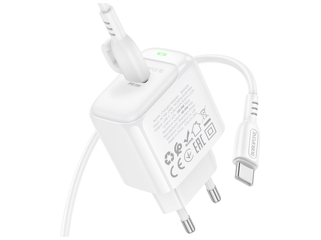 Зарядний пристрій Borofone BAS43A 1USB-C PD/QC 20W + кабель Type-C to Type-C, колір білий