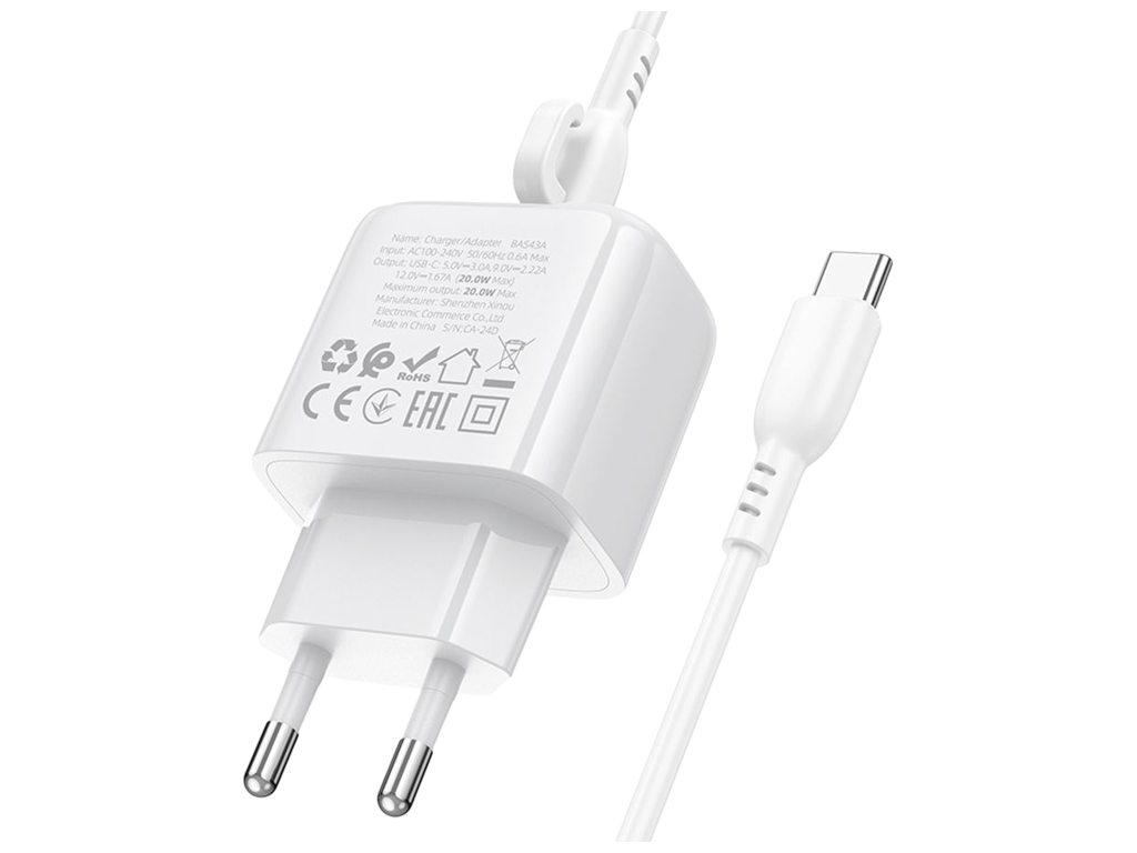 Зарядний пристрій Borofone BAS43A 1USB-C PD/QC 20W + кабель Type-C to Type-C, колір білий