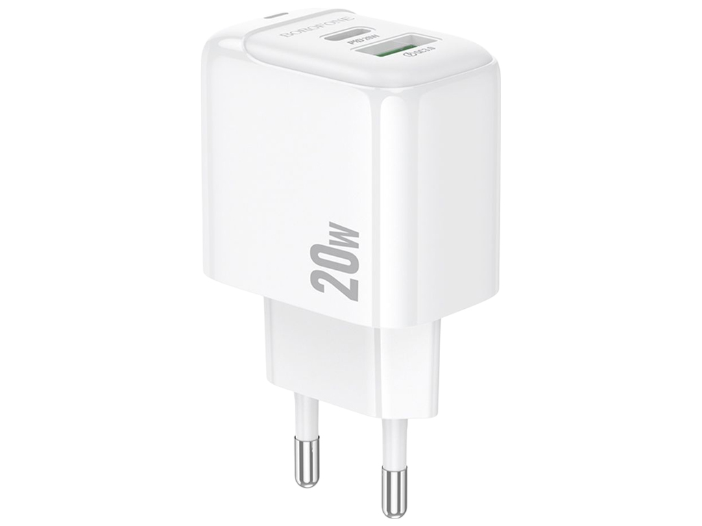 Зарядний пристрій Borofone BAS44A, 1USB-C+1USB, PD/QC 3.0, 20Вт, 185×82×30мм, колір білий