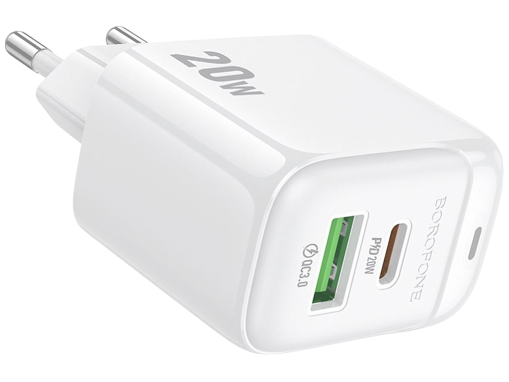 Зарядний пристрій Borofone BAS44A, 1USB-C+1USB, PD/QC 3.0, 20Вт, 185×82×30мм, колір білий