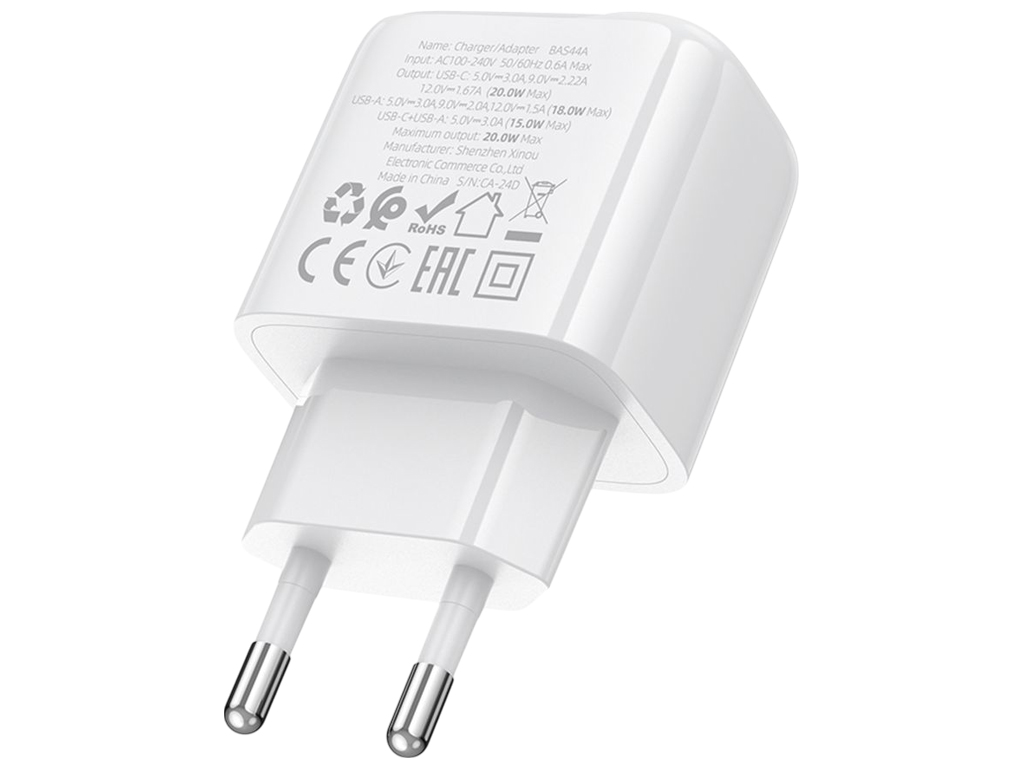 Зарядний пристрій Borofone BAS44A, 1USB-C+1USB, PD/QC 3.0, 20Вт, 185×82×30мм, колір білий