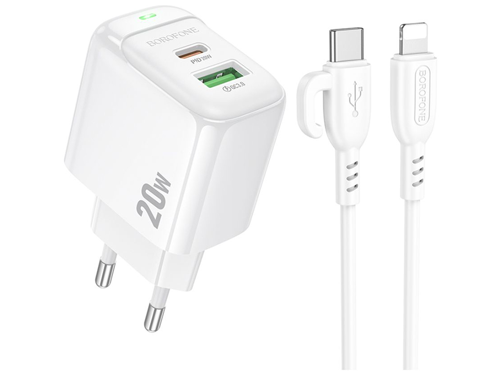Сетевое зарядное устройство Borofone BAS44A 1USB-C/1USB PD/QC 20W+Type-C to Lightning, цвет белый