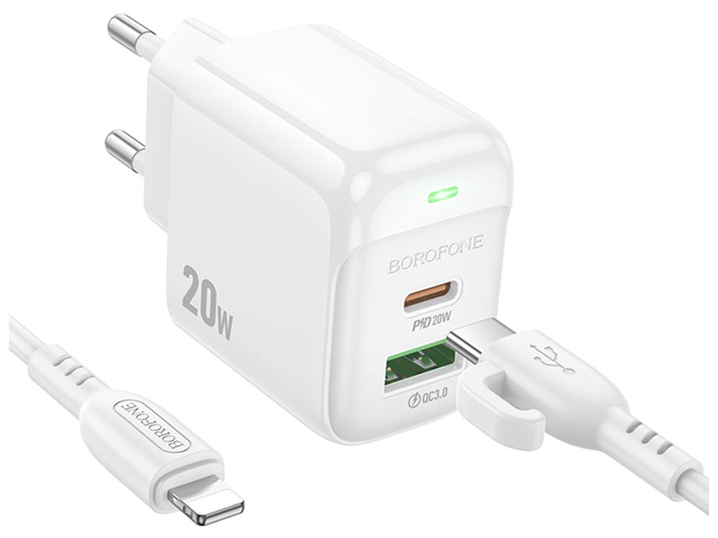 Сетевое зарядное устройство Borofone BAS44A 1USB-C/1USB PD/QC 20W+Type-C to Lightning, цвет белый