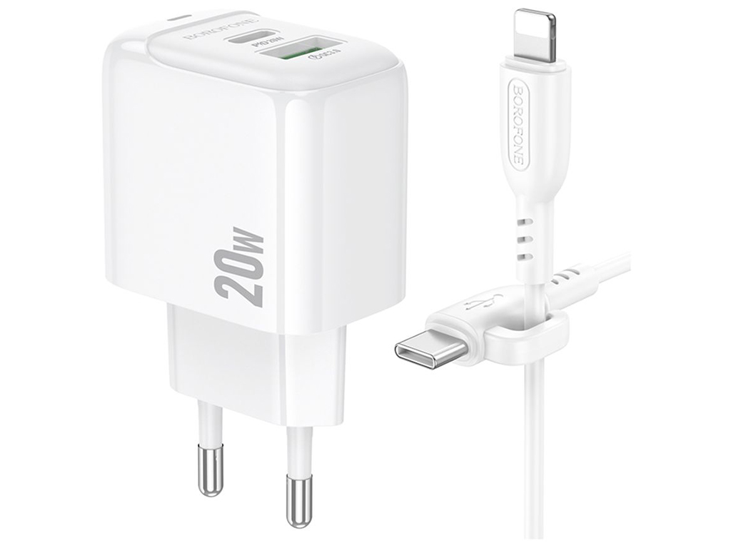 Сетевое зарядное устройство Borofone BAS44A 1USB-C/1USB PD/QC 20W+Type-C to Lightning, цвет белый