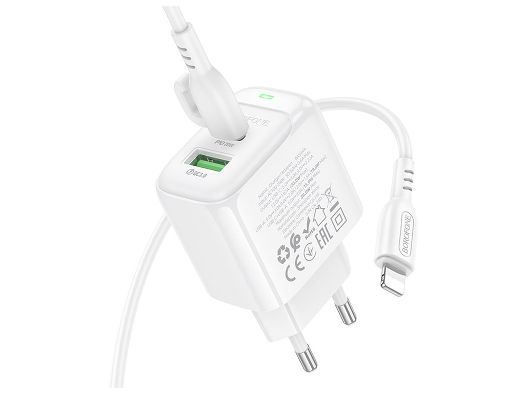 Сетевое зарядное устройство Borofone BAS44A 1USB-C/1USB PD/QC 20W+Type-C to Lightning, цвет белый