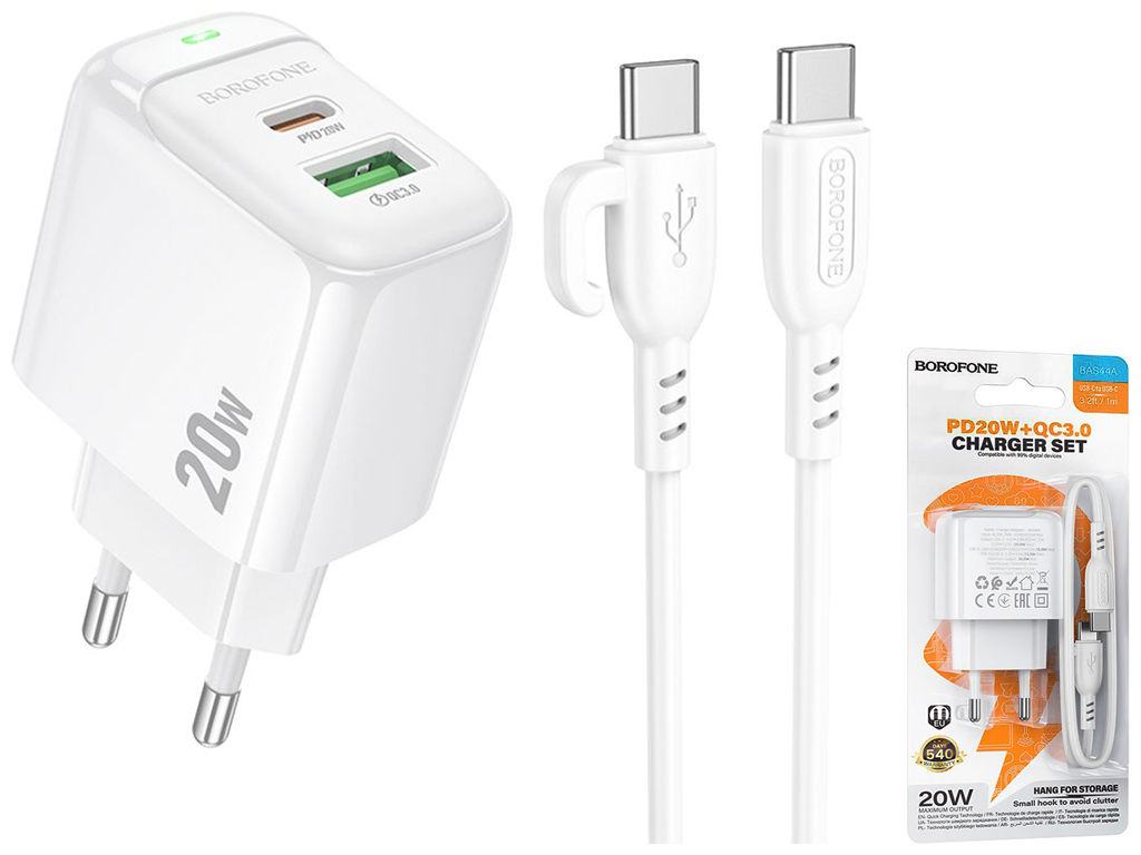Мережевий зарядний пристрій Borofone BAS44A 1USB-C/1USB PD/QC 20W+Type-C to Type-C, колір бiлий