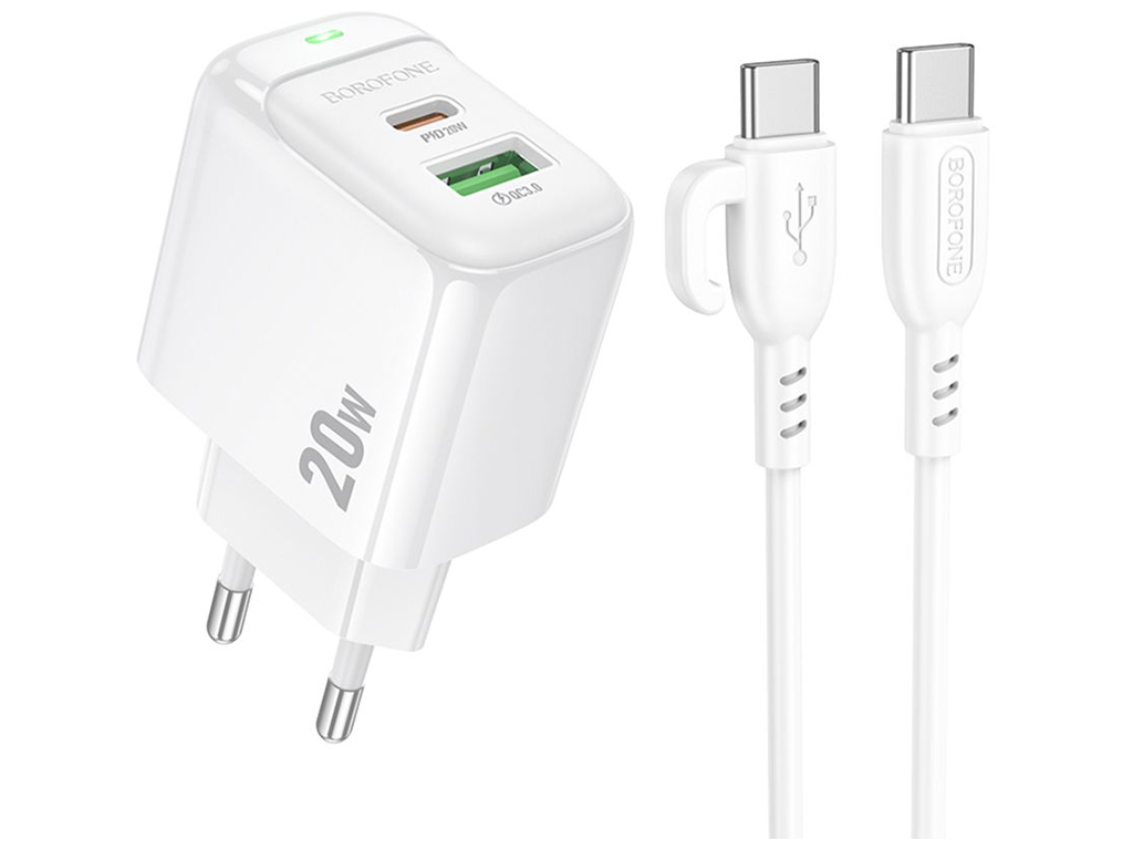 Мережевий зарядний пристрій Borofone BAS44A 1USB-C/1USB PD/QC 20W+Type-C to Type-C, колір бiлий