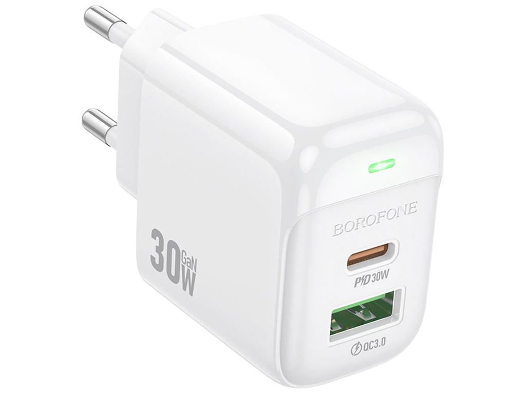 Зарядний пристрій Borofone BAS45A, 30Вт, 1USB-C+1USB, 76,4×44×29мм, колір білий
