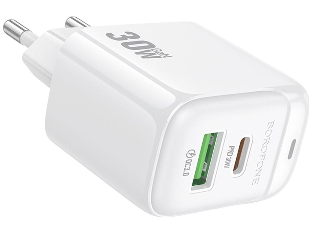 Зарядний пристрій Borofone BAS45A, 30Вт, 1USB-C+1USB, 76,4×44×29мм, колір білий