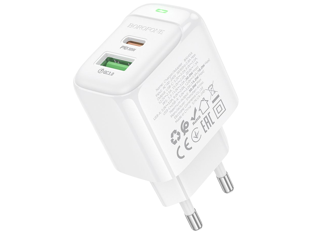 Зарядний пристрій Borofone BAS45A, 30Вт, 1USB-C+1USB, 76,4×44×29мм, колір білий