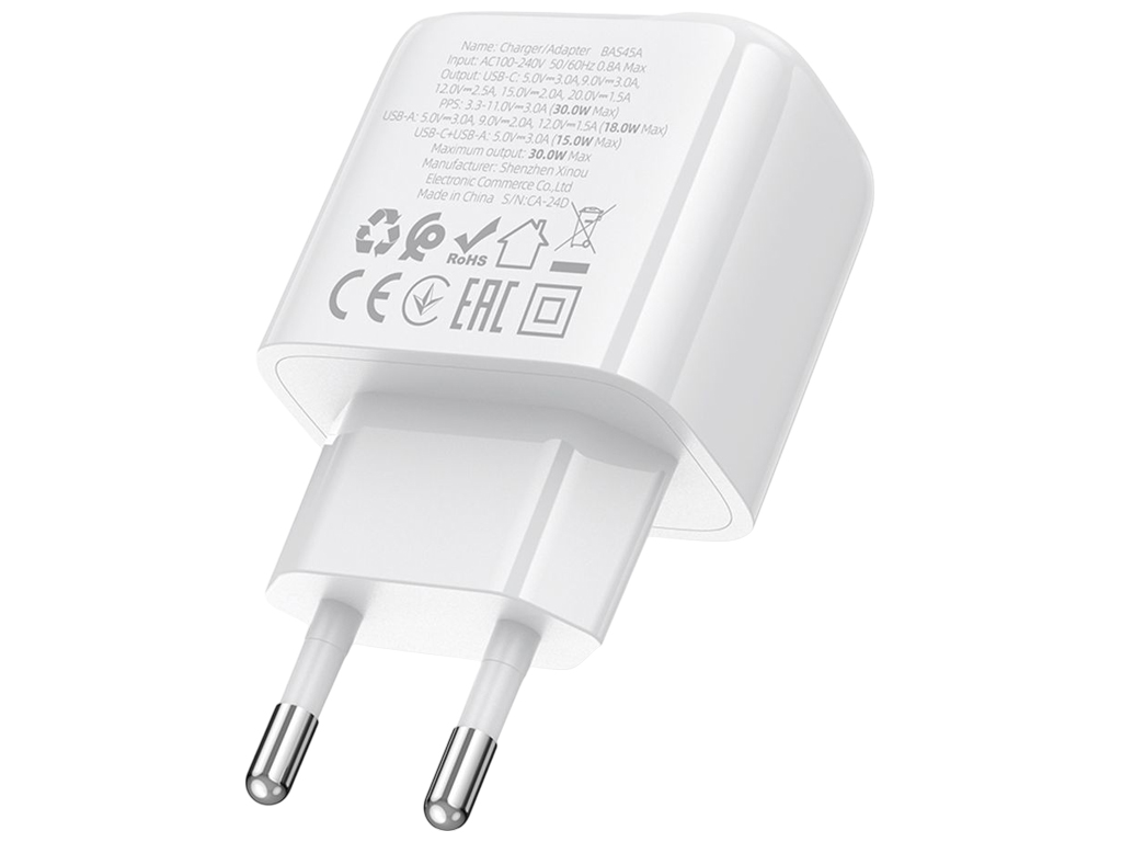 Зарядний пристрій Borofone BAS45A, 30Вт, 1USB-C+1USB, 76,4×44×29мм, колір білий