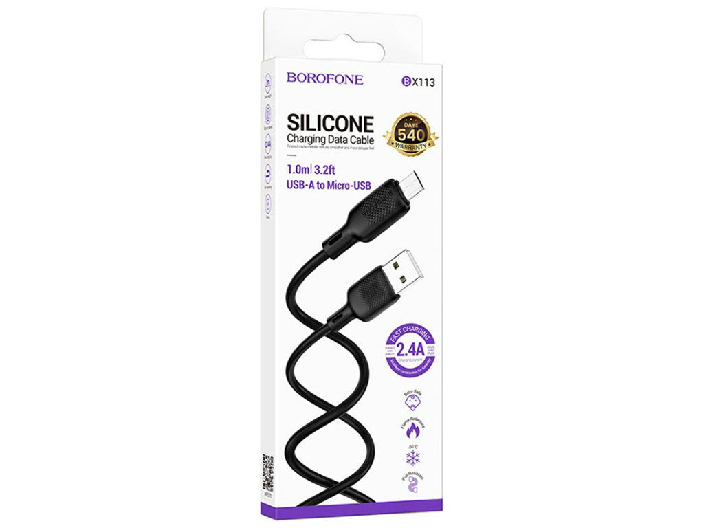 Кабель USB Borofone BX113 Silicone Micro 2.4A, 1м, цвет черный