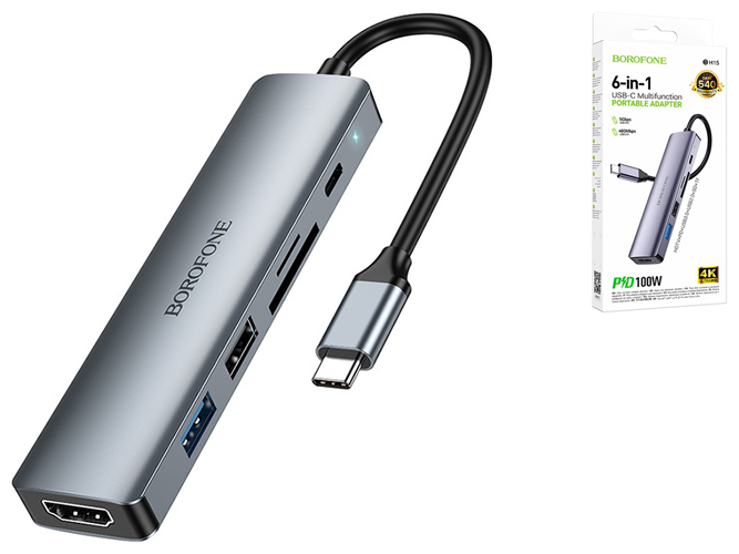 USB Hub Borofone DH15 6-в-1 Type-C to HDMI+PD+USB3.0+USB2.0+SD+TF(L=0.15M) Цвет Серый