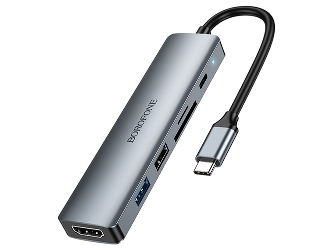 USB Hub Borofone DH15 6-в-1 Type-C to HDMI+PD+USB3.0+USB2.0+SD+TF(L=0.15M) Цвет Серый