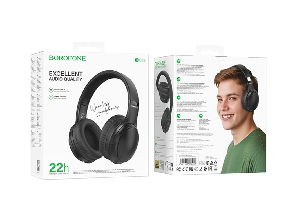 Bluetooth стерео гарнітура Borofone BO29, складні, bluetooth 5.4, type‑c/aux, 200mAh, колір чорний