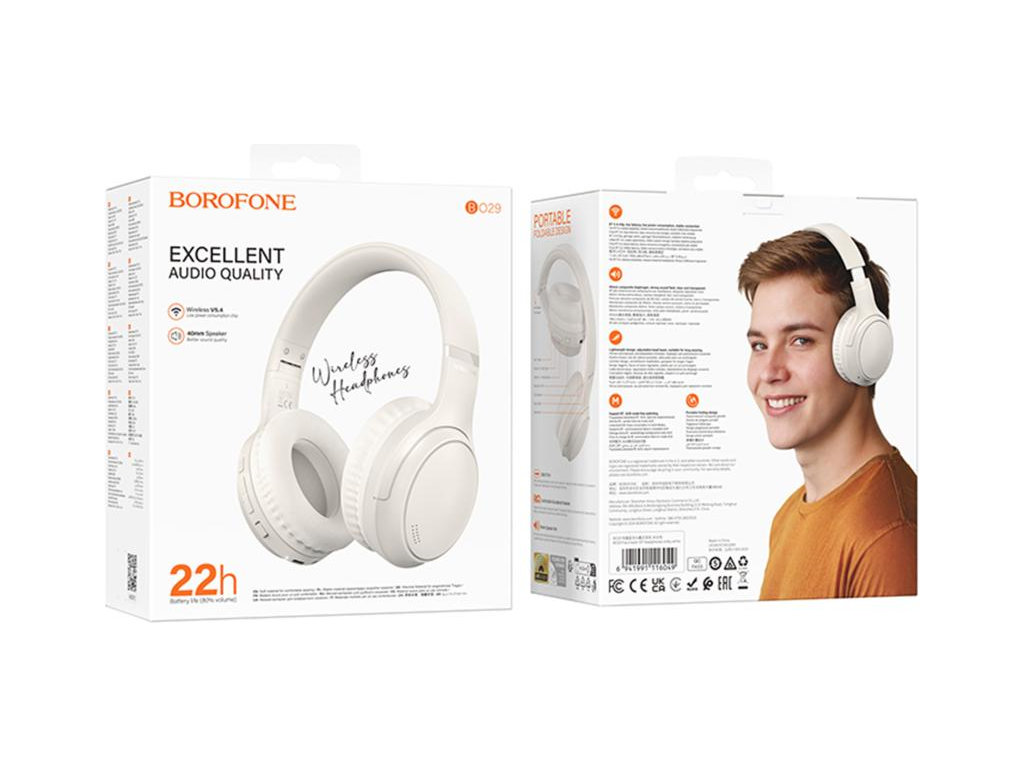 Блютуз стерео гарнитура Borofone BO29, складные, bluetooth 5.4, type‑c/aux, 200mAh, цвет белый