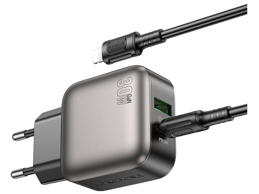 Мережевий зарядний пристрій Borofone BAS55A 1USB-C/1USB PD/QC 30W GAN+Type-C to Lightning, колір чор