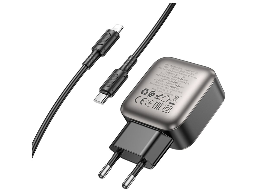 Мережевий зарядний пристрій Borofone BAS55A 1USB-C/1USB PD/QC 30W GAN+Type-C to Lightning, колір чор