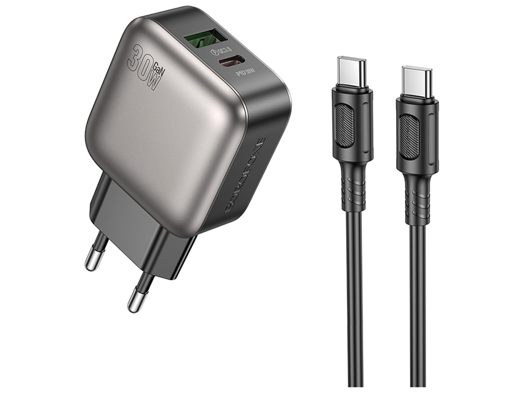 Мережевий зарядний пристрій Borofone BAS55A 1USB-C/1USB PD/QC 30W GAN+Type-C to Type-C, колір чорний