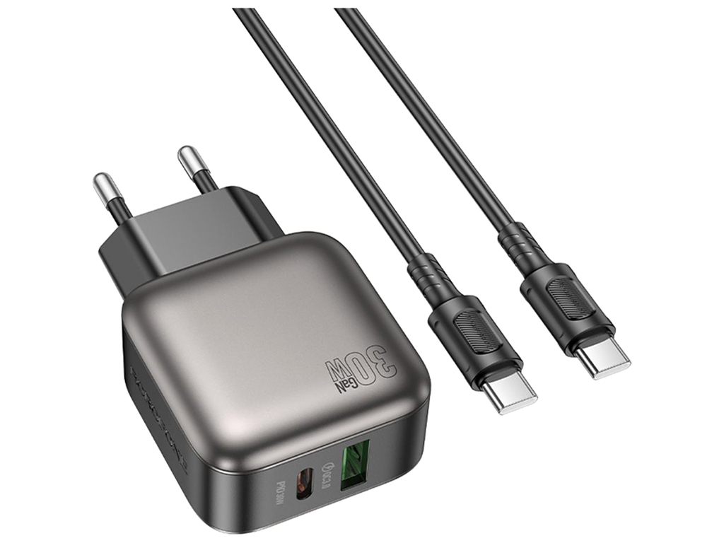 Мережевий зарядний пристрій Borofone BAS55A 1USB-C/1USB PD/QC 30W GAN+Type-C to Type-C, колір чорний