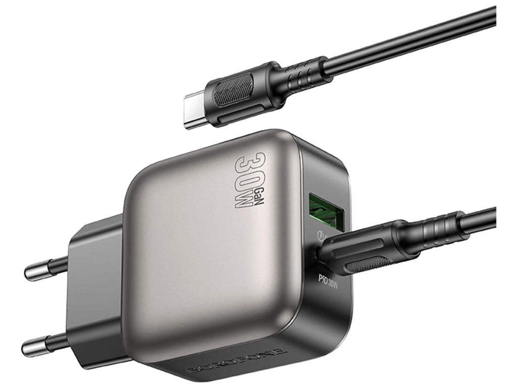 Мережевий зарядний пристрій Borofone BAS55A 1USB-C/1USB PD/QC 30W GAN+Type-C to Type-C, колір чорний