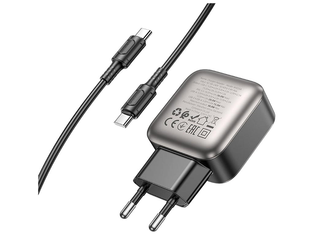 Мережевий зарядний пристрій Borofone BAS55A 1USB-C/1USB PD/QC 30W GAN+Type-C to Type-C, колір чорний
