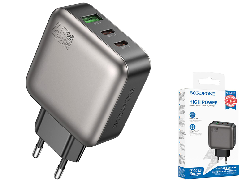 Сетевое зарядное устройство Borofone BAS56A 2USB-C/1USB QC/PD 45W GAN, цвет черный