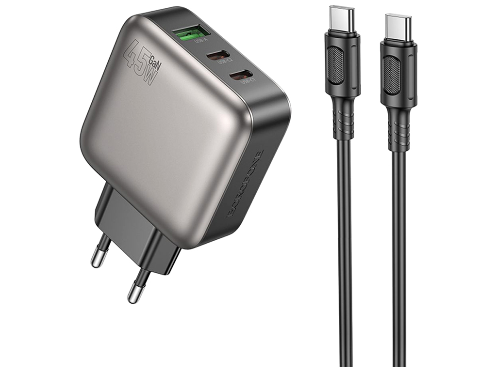 Мережевий зарядний пристрій Borofone BAS56A 2USB-C/1USB QC/PD 45W GAN+Type-C to Type-C, колір чорний