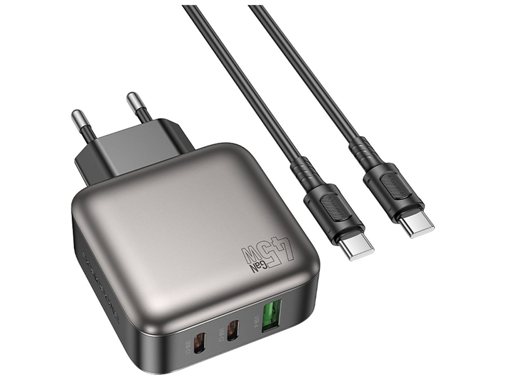 Мережевий зарядний пристрій Borofone BAS56A 2USB-C/1USB QC/PD 45W GAN+Type-C to Type-C, колір чорний