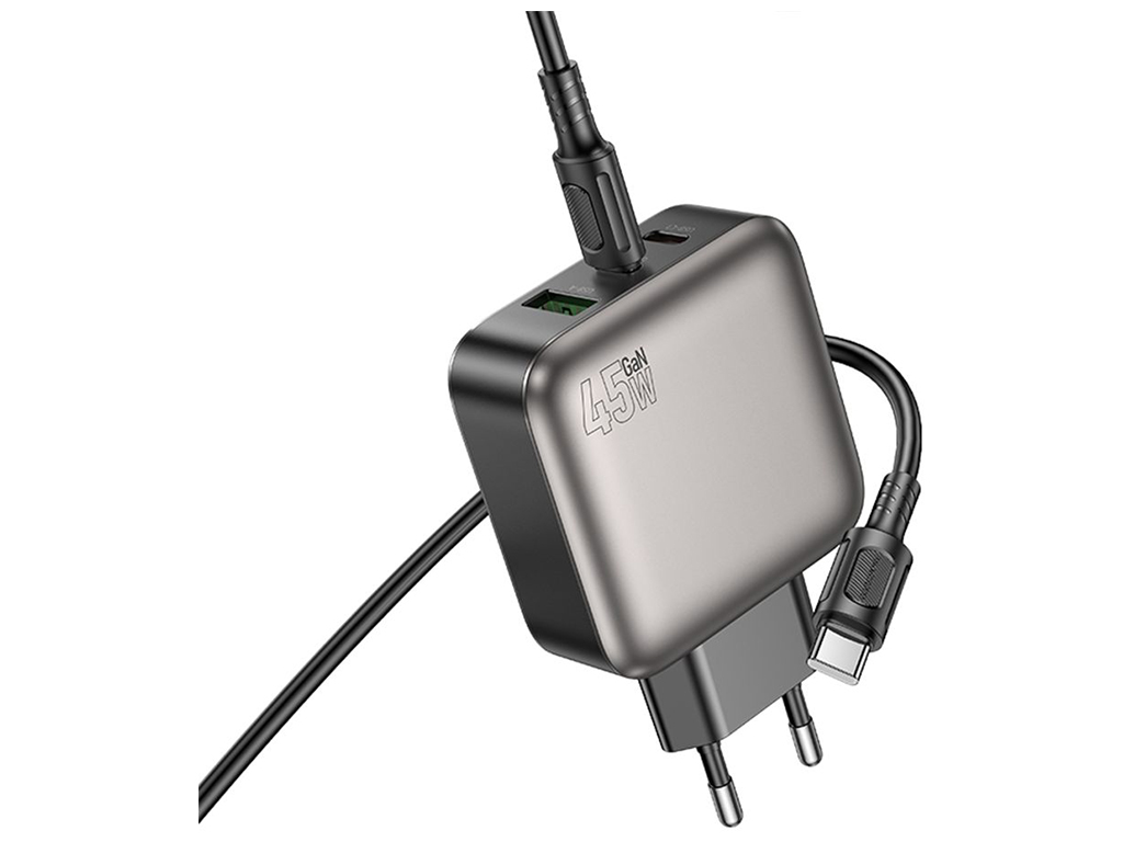 Мережевий зарядний пристрій Borofone BAS56A 2USB-C/1USB QC/PD 45W GAN+Type-C to Type-C, колір чорний