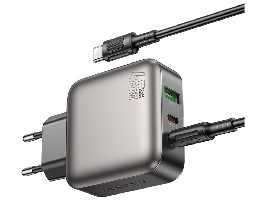 Мережевий зарядний пристрій Borofone BAS56A 2USB-C/1USB QC/PD 45W GAN+Type-C to Type-C, колір чорний