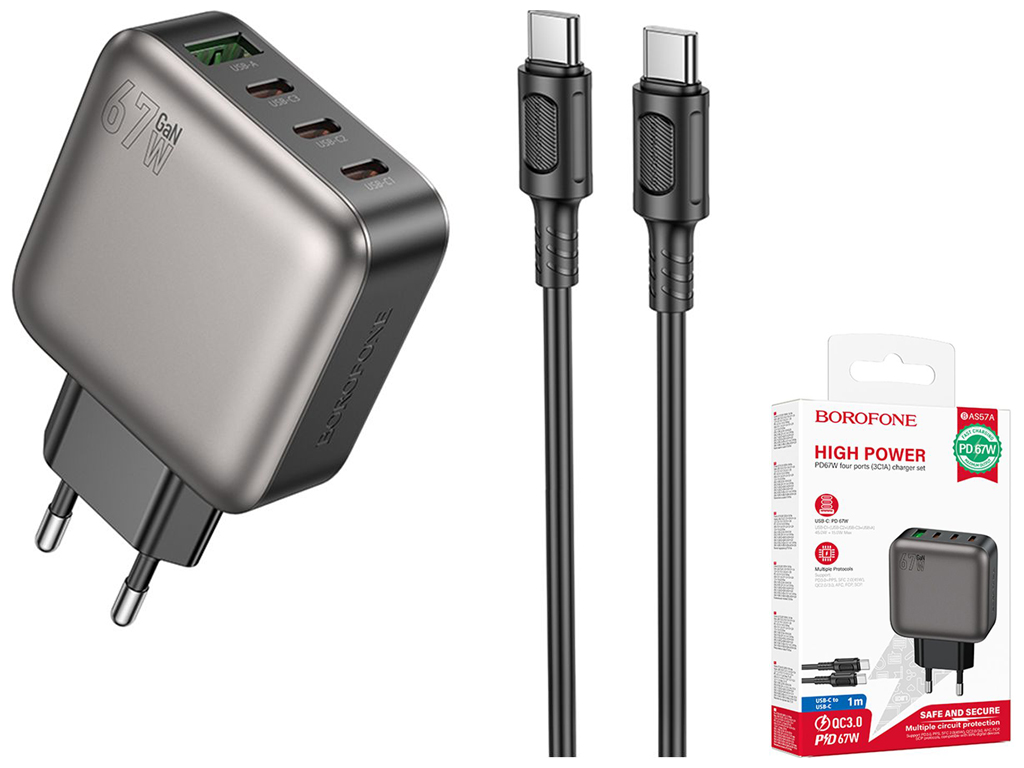 Мережевий зарядний пристрій Borofone BAS57A 3USB-C/1USB PD/QC 67W GAN+Type-C to Type-C, колір чорний