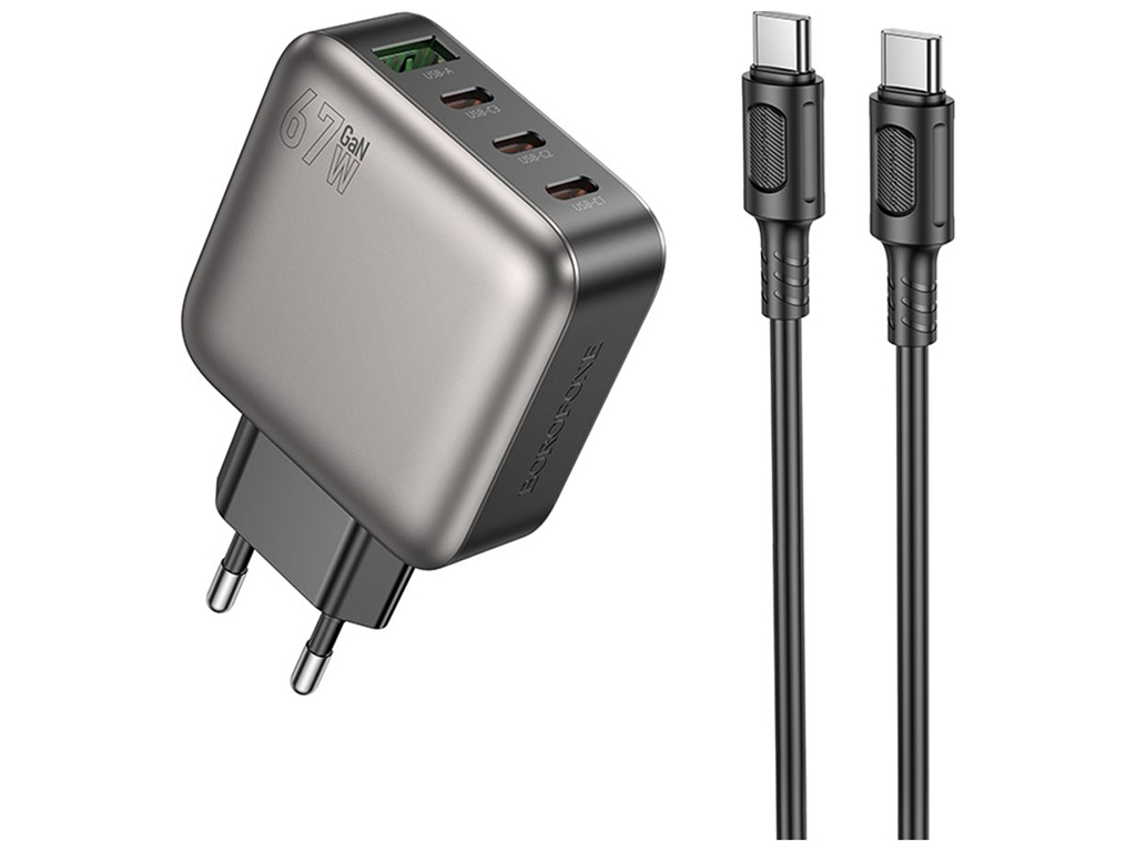 Мережевий зарядний пристрій Borofone BAS57A 3USB-C/1USB PD/QC 67W GAN+Type-C to Type-C, колір чорний