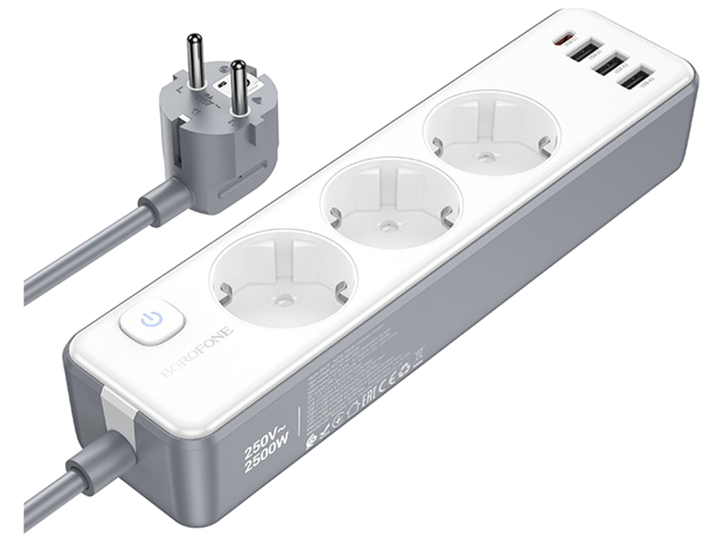 Мережевий Подовжувач Borofone BAC9 (PD20W/1C3A)(EU)(L=3M), колір бiлий