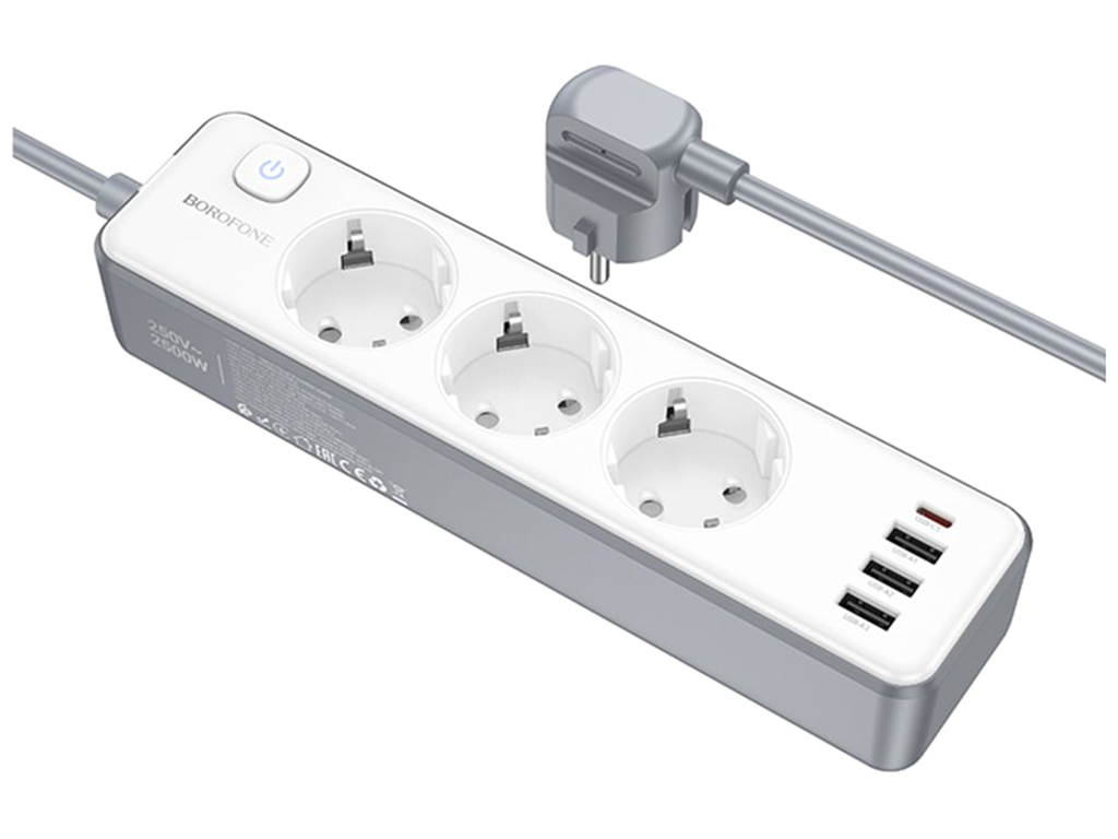 Мережевий Подовжувач Borofone BAC9 (PD20W/1C3A)(EU)(L=3M), колір бiлий