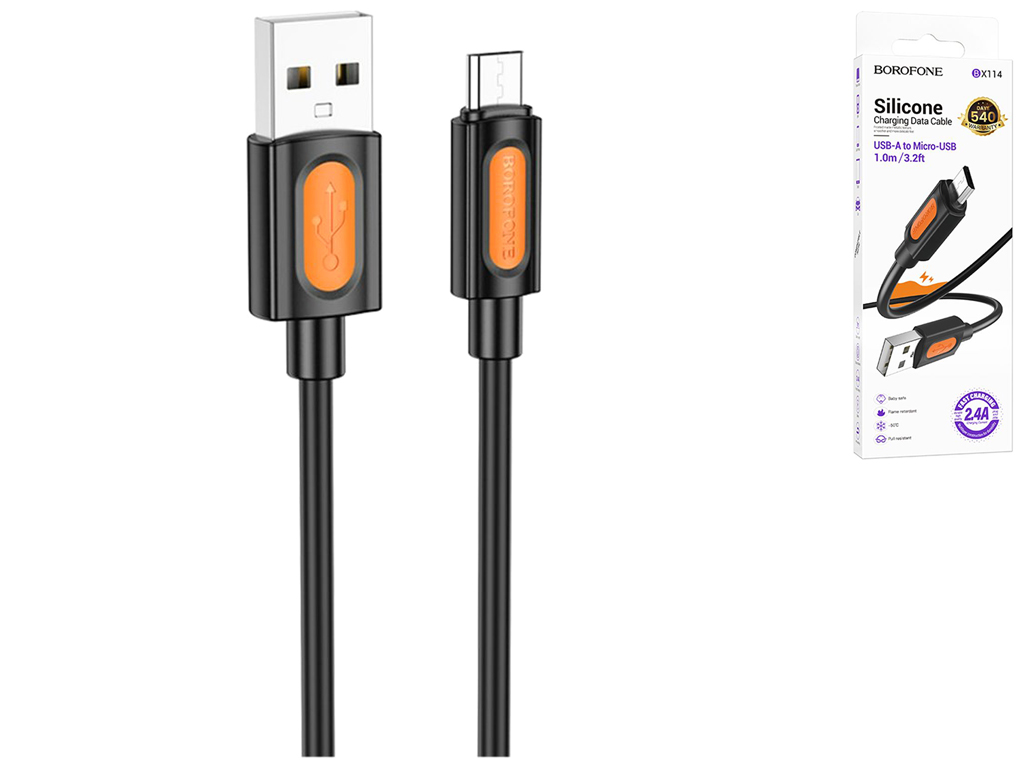 Кабель USB Borofone BX114 Silicone Micro 2.4A, 1м, колір чорний