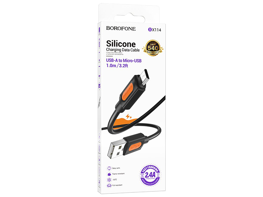 Кабель USB Borofone BX114 Silicone Micro 2.4A, 1м, колір чорний