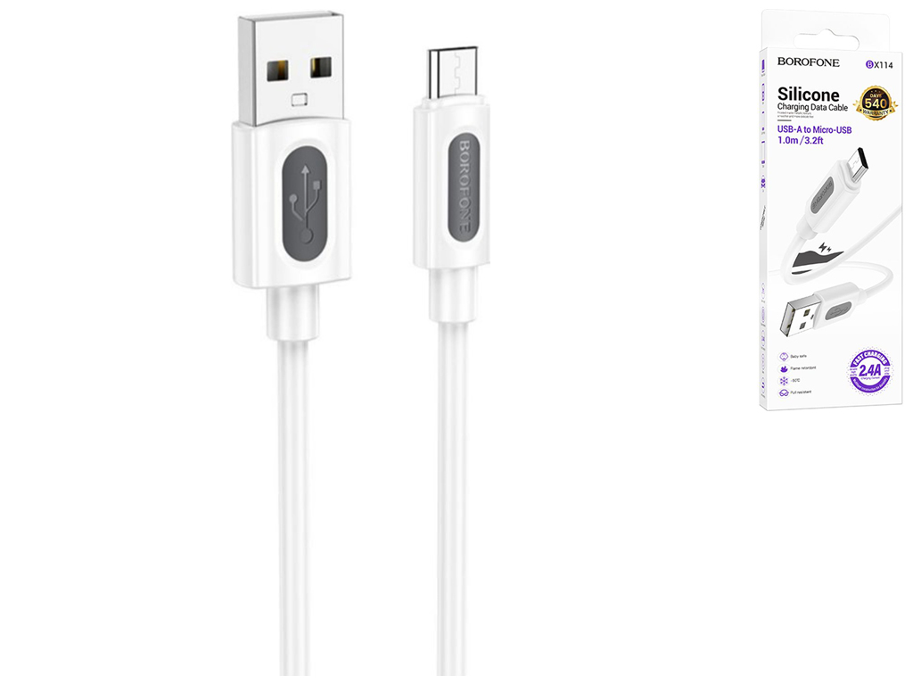 Кабель USB Borofone BX114 Silicone Micro 2.4A, 1м, колір бiлий