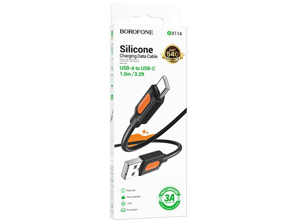 Кабель USB Borofone BX114 Silicone Type-C 3A, 1м, колір чорний