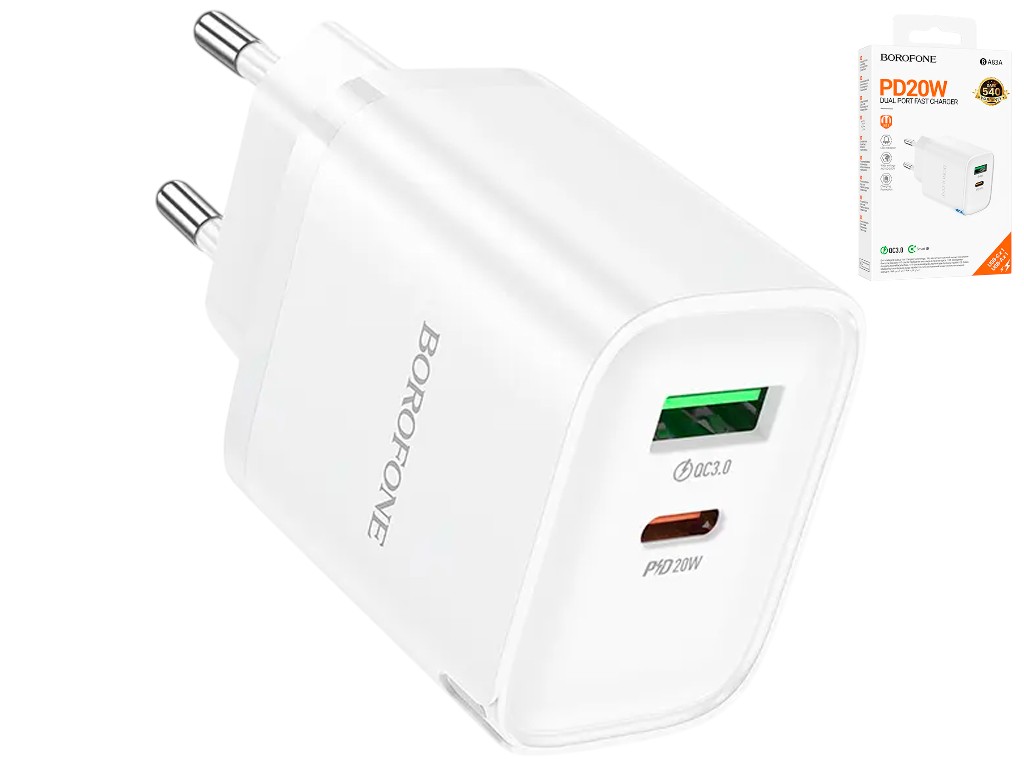 Зарядний пристрій Borofone BA83A 1USB-C/1USB PD/QC 20W, 79×42×30мм, колір білий