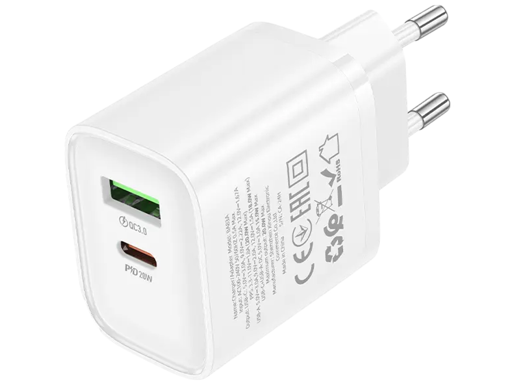 Зарядний пристрій Borofone BA83A 1USB-C/1USB PD/QC 20W, 79×42×30мм, колір білий