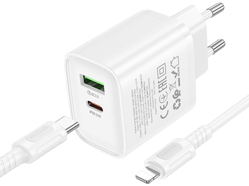 Зарядний пристрій Borofone BA83A, 1USB-C/1USB, PD/QC 20W, 79×42×30мм, колір білий