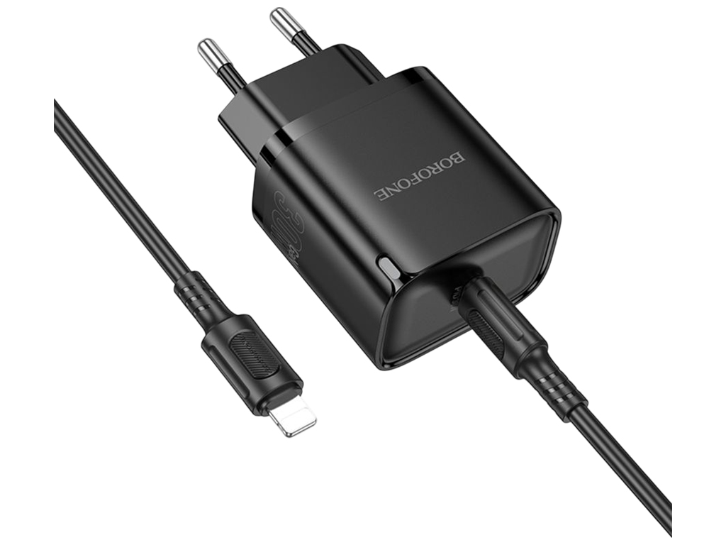Зарядний пристрій Borofone BA84A, 1USB-C, PD/QC 30W, Type-C-Lightning, 79×42×30мм, чорний