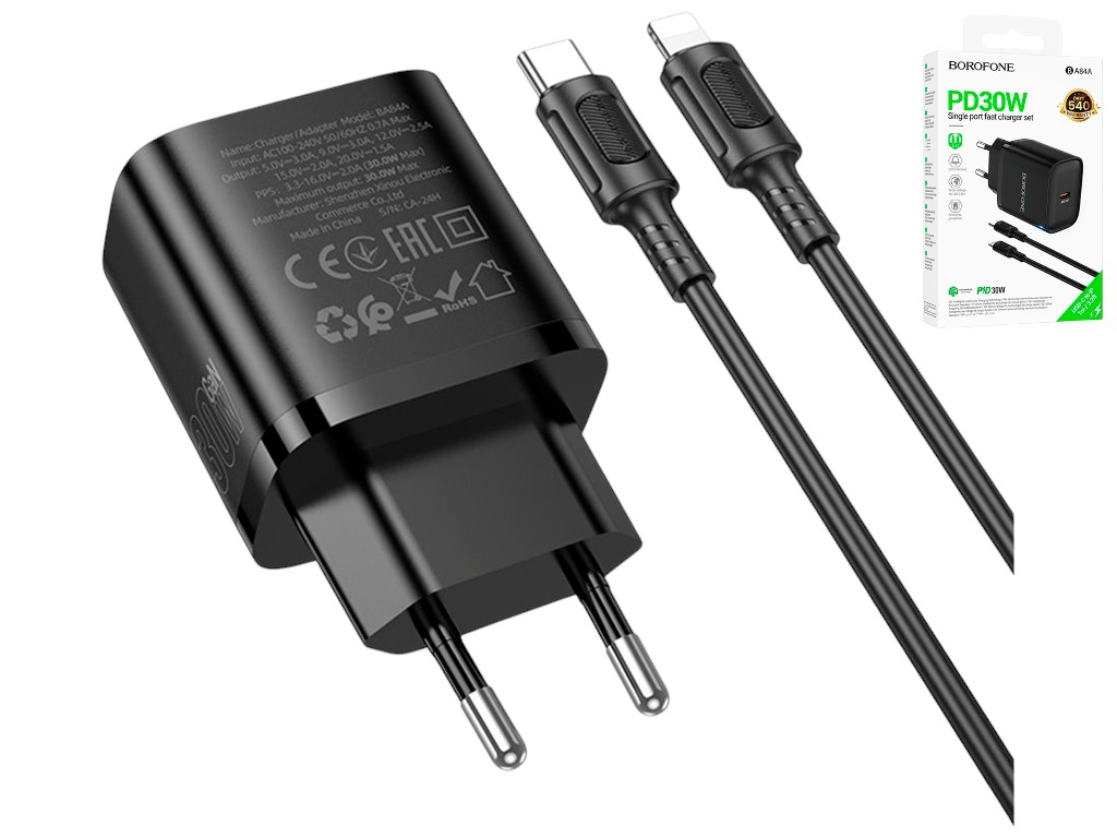 Зарядний пристрій Borofone BA84A, 1USB-C, PD/QC 30W, Type-C-Lightning, 79×42×30мм, чорний