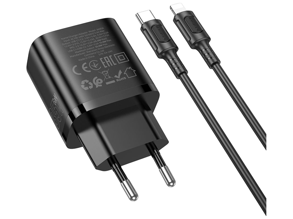 Сетевое зарядное устройство Borofone BA85A, 2×USB-C, 35Вт, QC/PD, Type-C to Lightning, цвет черный