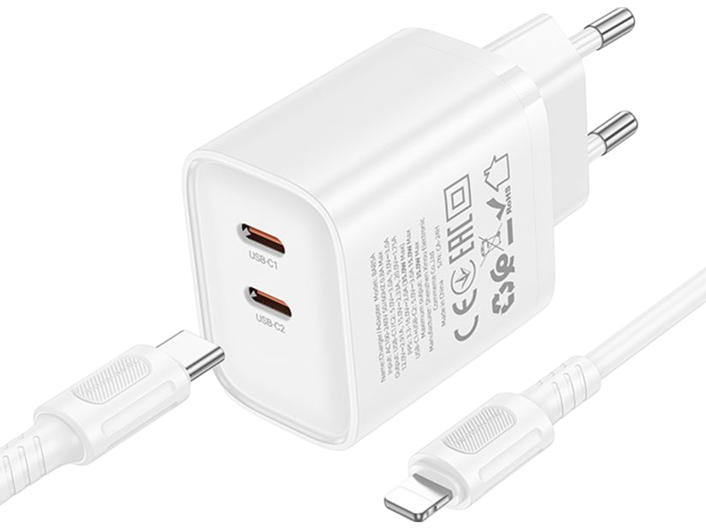 Зарядний пристрій Borofone BA85A, 35вт, 2usb type-c, pd qc 3.0, type-c to lightning, білий